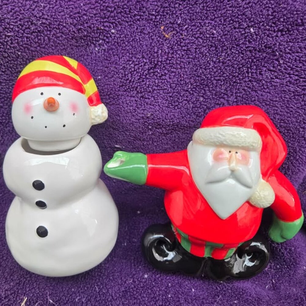 Ceramic~ Holiday Home Sugar Snowman & Creamer Santa Set